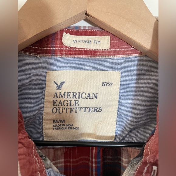 American Eagle Vintage Fit Short Sleeve Shirt Sz Medium Plaid Western Pearl Snap - Picture 8 of 9